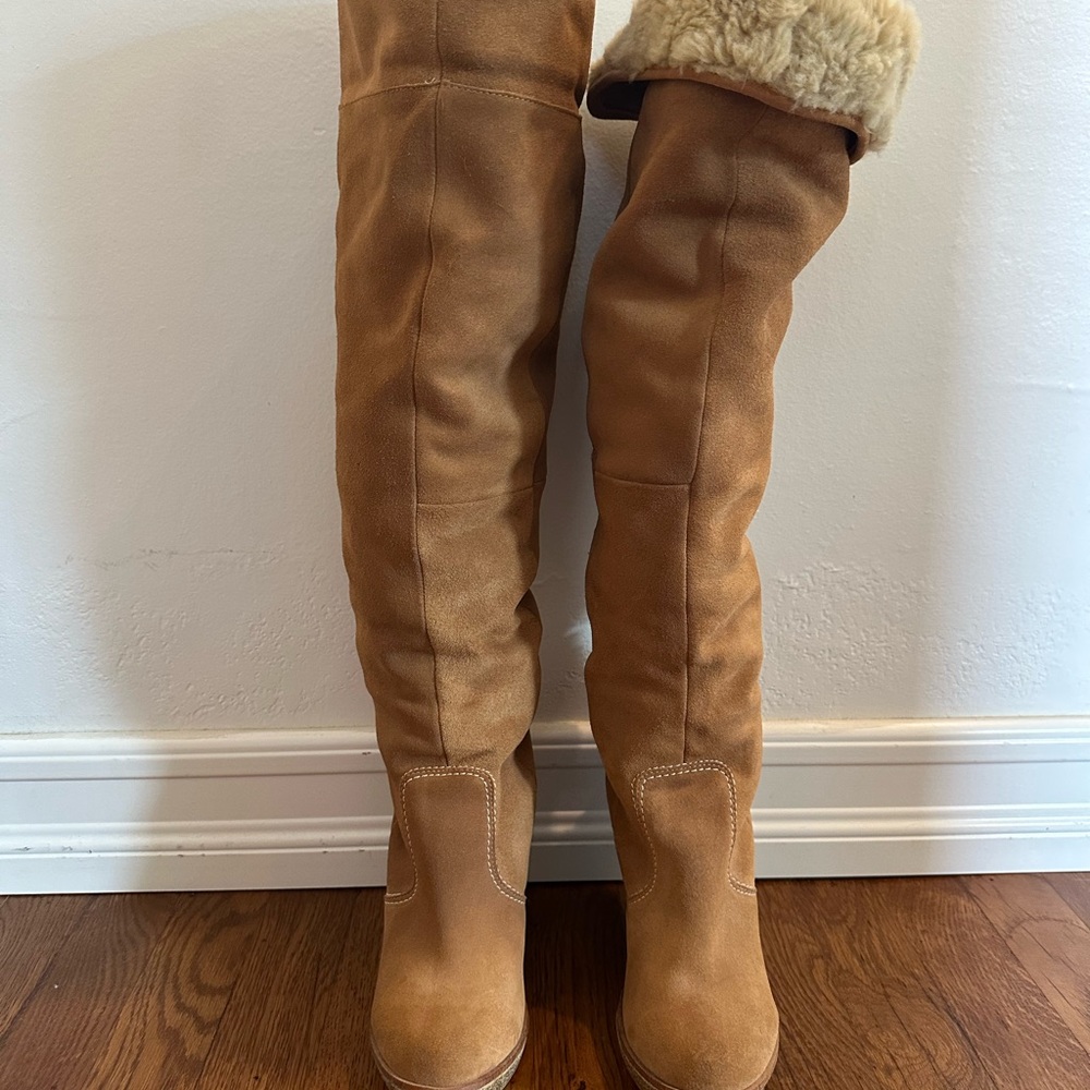 Steve Madden Carlly Tan Suede Over the Knee Faux Fur Wedge Boots Size 6.5
